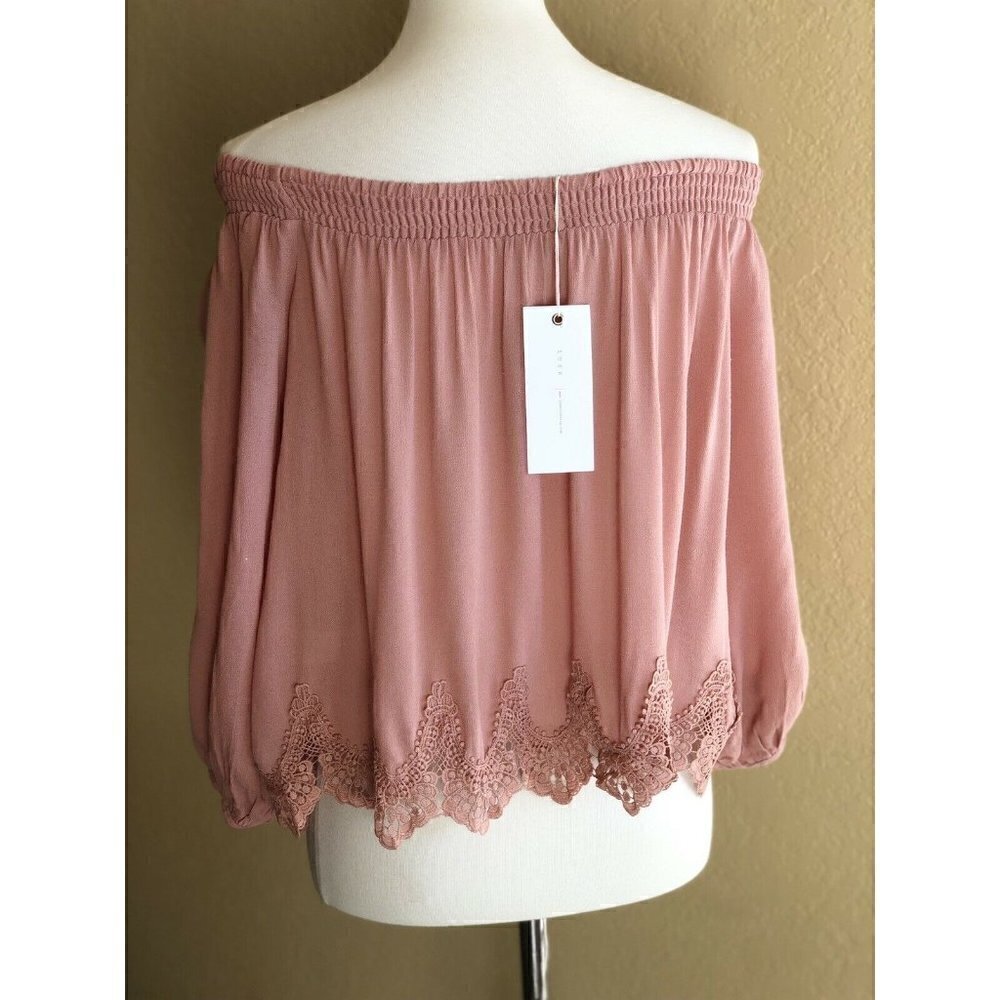 Lush Womens Pink Off The Shoulder Crochet Hem Blouse Top Size S - Picture 2 of 8